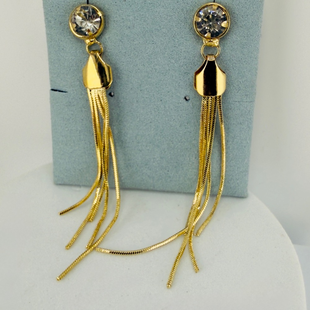 Elegant Gold Tone Tassel Earrings With CZ stone Top NEW
